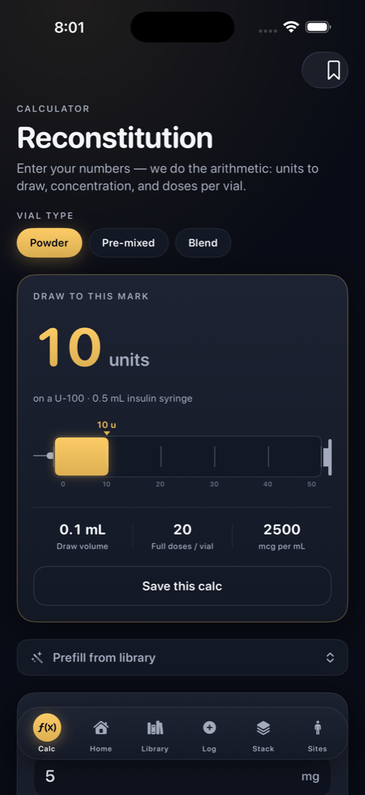 PeptideBro reconstitution calculator showing 10 units to draw on a visual syringe