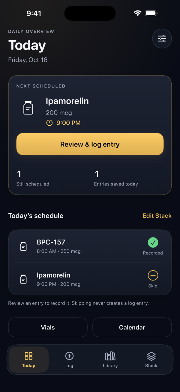 PeptideBro Today screen with the day's schedule and recorded entries